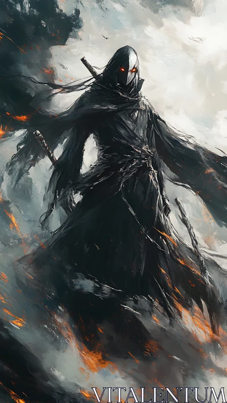 Spectral katana wraith in tattered cloak amid burning storm