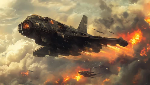 Storm-burned gunship dives through molten thunderclouds.
