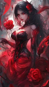Dark red sorceress in flowing gown with blood roses.