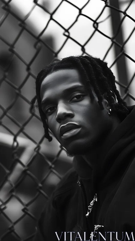 Moody black and white portrait by chain-link fence urban