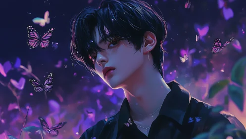 Moonlit butterflies orbit a midnight dreamer in quiet bloom