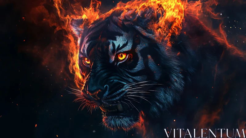 Fiery tiger head glows against dark background in profile.