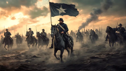 Cavalry commander advances under star banner through smoky battlefield