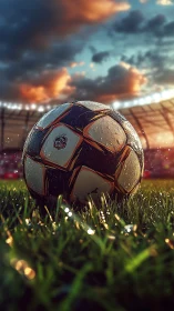 Close-up stadium soccer ball with dew on grass at sunset