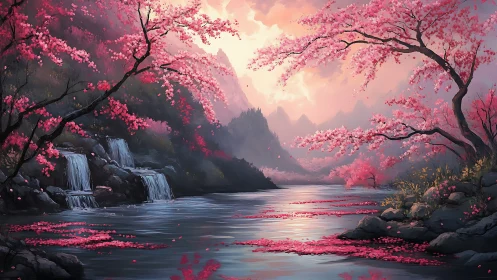 Cherry blossom valley river with waterfalls at sunset.