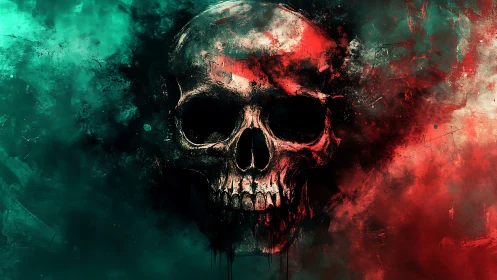 Skull emerges from red and teal abstract smoke background
