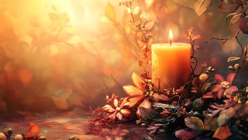 Golden candlelight glows softly among warm autumn flowers
