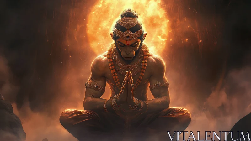 Mythic humanoid monkey figure meditating before fire halo.
