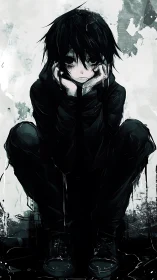 Monochrome anime figure seated in crouched frontal pose.