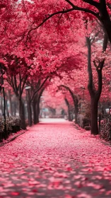 Telephoto alleyway framed by saturated pink blossom canopy