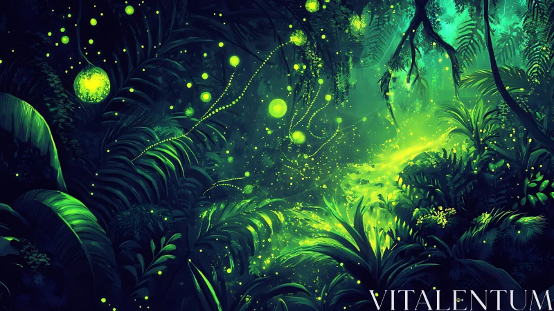 Bioluminescent forest canopy with glowing particles and trailing light