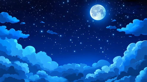 Digital night sky illustration with layered moonlit clouds.