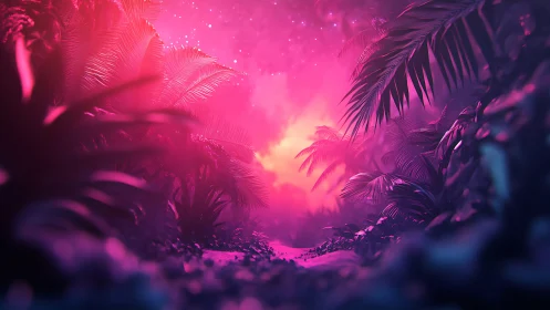 Neon lit jungle path recedes toward bright glowing horizon