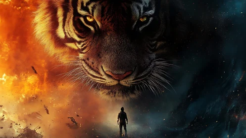Human silhouette before giant tiger amid fire and smoke.
