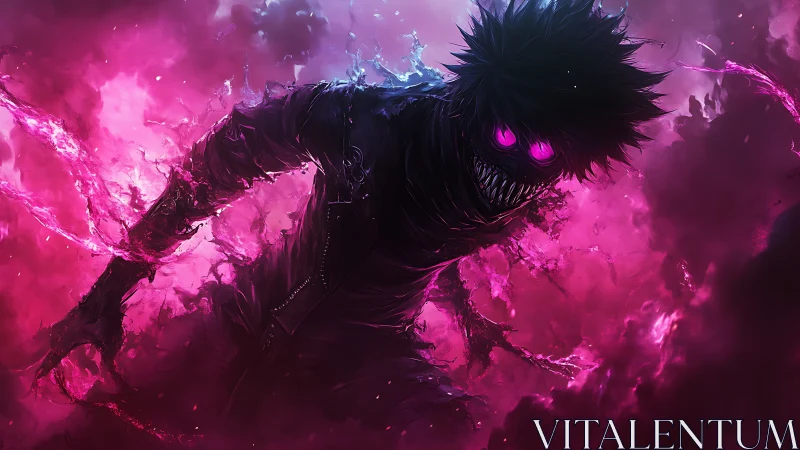 Sinister neon wraith emerging through electric magenta storm.