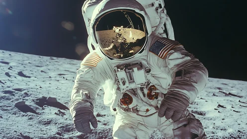 Astronaut walks on lunar surface under stark black sky