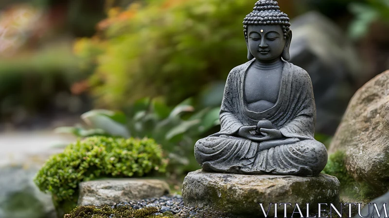 Buddha statue sits on stone base in landscaped garden