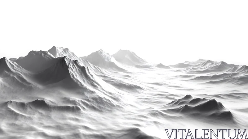 Monochrome 3D mountain range emerges from a bright white void