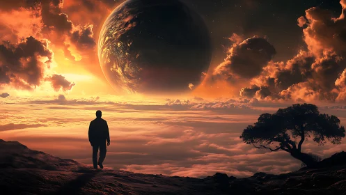 Lone silhouette observes planetary horizon over molten clouds.