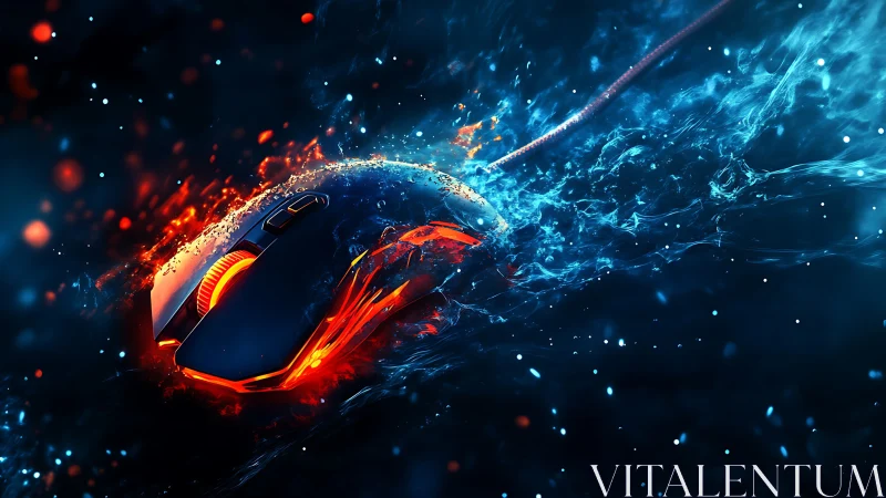 Fiery gaming mouse surfing through glowing waves of color.
