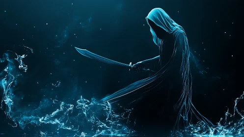Hooded spectral warrior with glowing sword in blue mist.