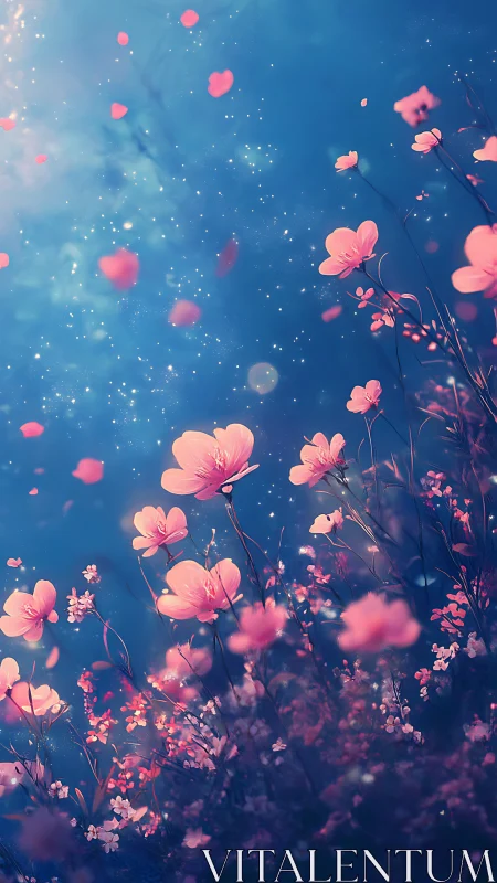 Luminescent Floral Field: Deep Blue Atmospheric Bokeh with Pink Blossoms