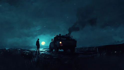 Nocturnal roadside silhouette with cinematic moody lighting.