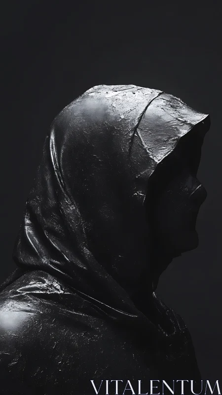 Side profile hooded figure sculpture in dark finish.