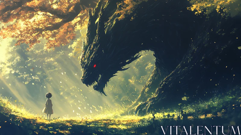 Child and large dragon-like creature in sunlit forest clearing.