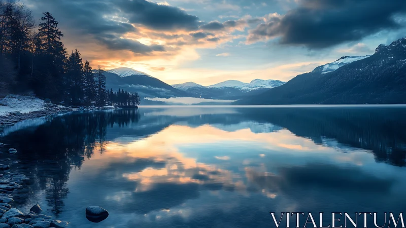 Snowy mountains mirrored in serene blue twilight lake.