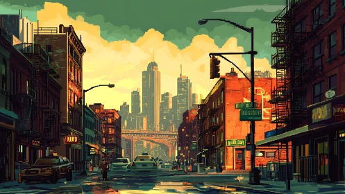 Sunlit pixel city street leads toward glowing urban skyline