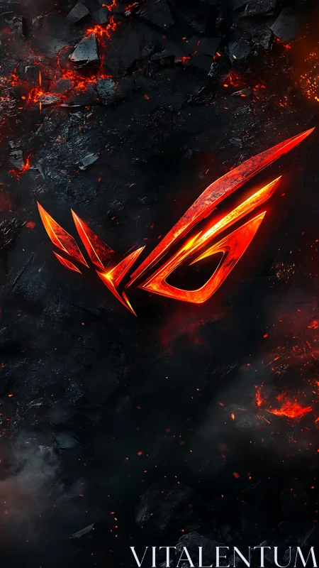 Red angular gaming emblem over dark molten rock field.