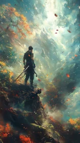 Skyward wanderer on a stormlit cliff of swirling seasons.