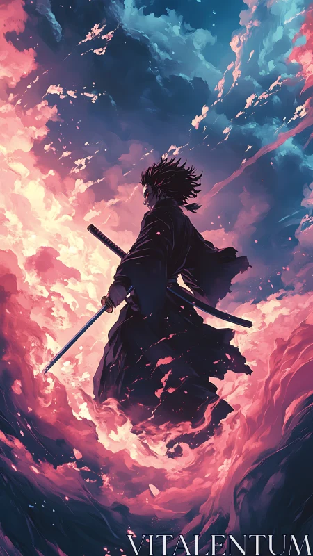 Samurai silhouette within swirling pink and blue clouds.