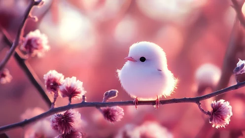 Fluffy White Bird Perched on Blooming Pink Branch.