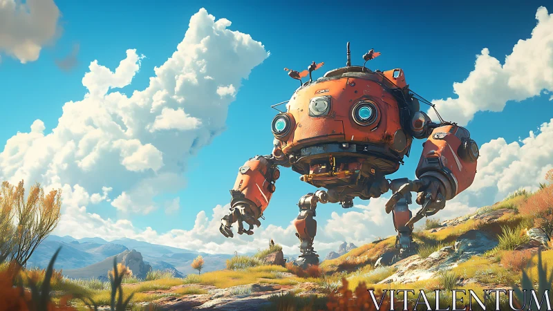 Orange quadruped exploration robot in open grassland terrain.