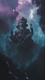 Mystic elephant deity resting in a twilight mountain temple.