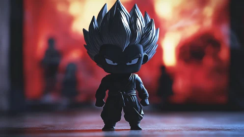 Chibi warrior figure stands bold against blazing bokeh backdrop