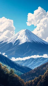 Snow peak mountain under towering cumulus clouds at noon.