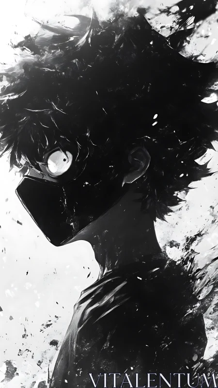Masked anime silhouette dissolves into inky abstract chaos.