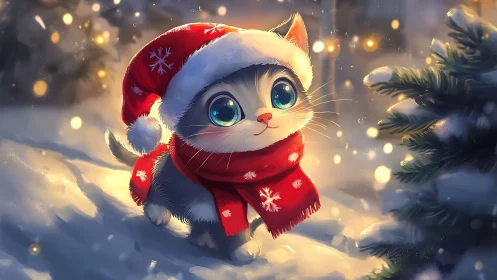 Festive kitten in snow showcases luminous winter bokeh lighting