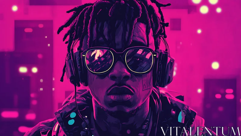 Neon cyber DJ in futuristic city glow listens deeply.