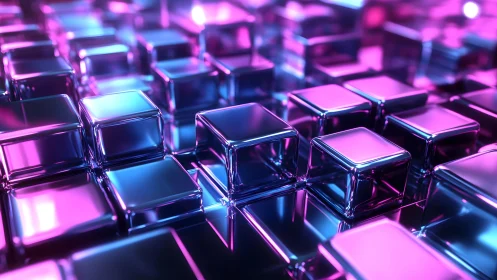 Neon glass cubes grid under vibrant pink blue light.
