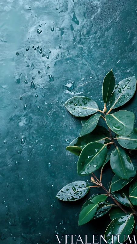 Glossy rubber plant leaves on teal wet textured surface.