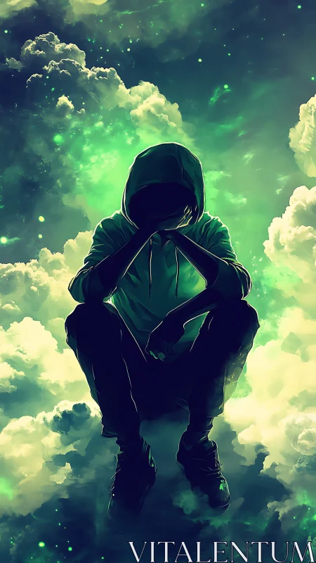 Hooded dreamer resting in a glowing storm of clouds.