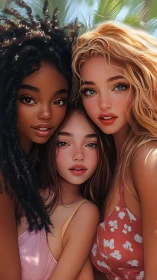 Three stylized young women pose closely in bright daylight