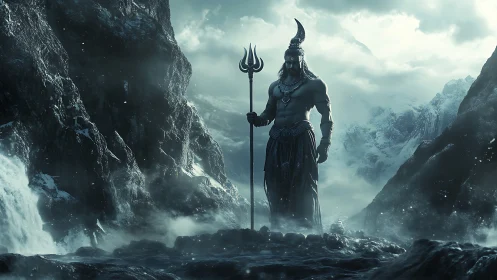 Mythic deity in glacial canyon, cinematic fantasy rendering.