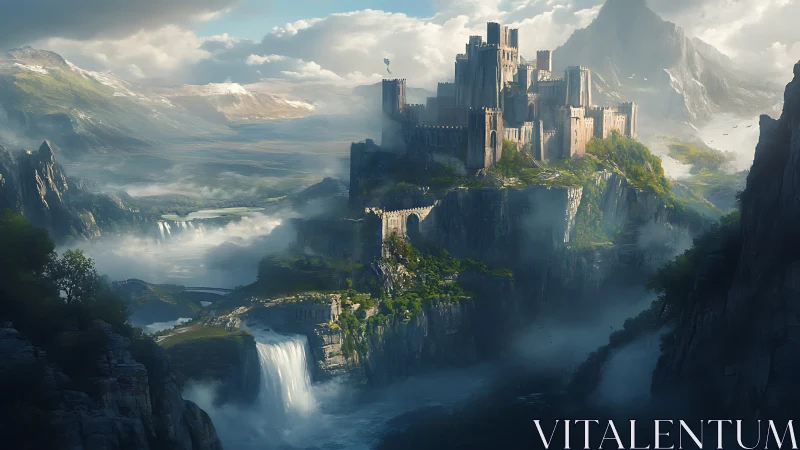 Mountain fortress overlooks misted gorge and cascading falls