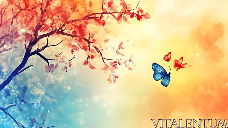 Butterflies in warm gradient sky with blooming branch.