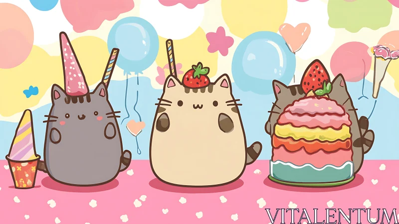 Unicorn Pusheen Characters with Layered Cake, Balloons, and Festival Decorations.